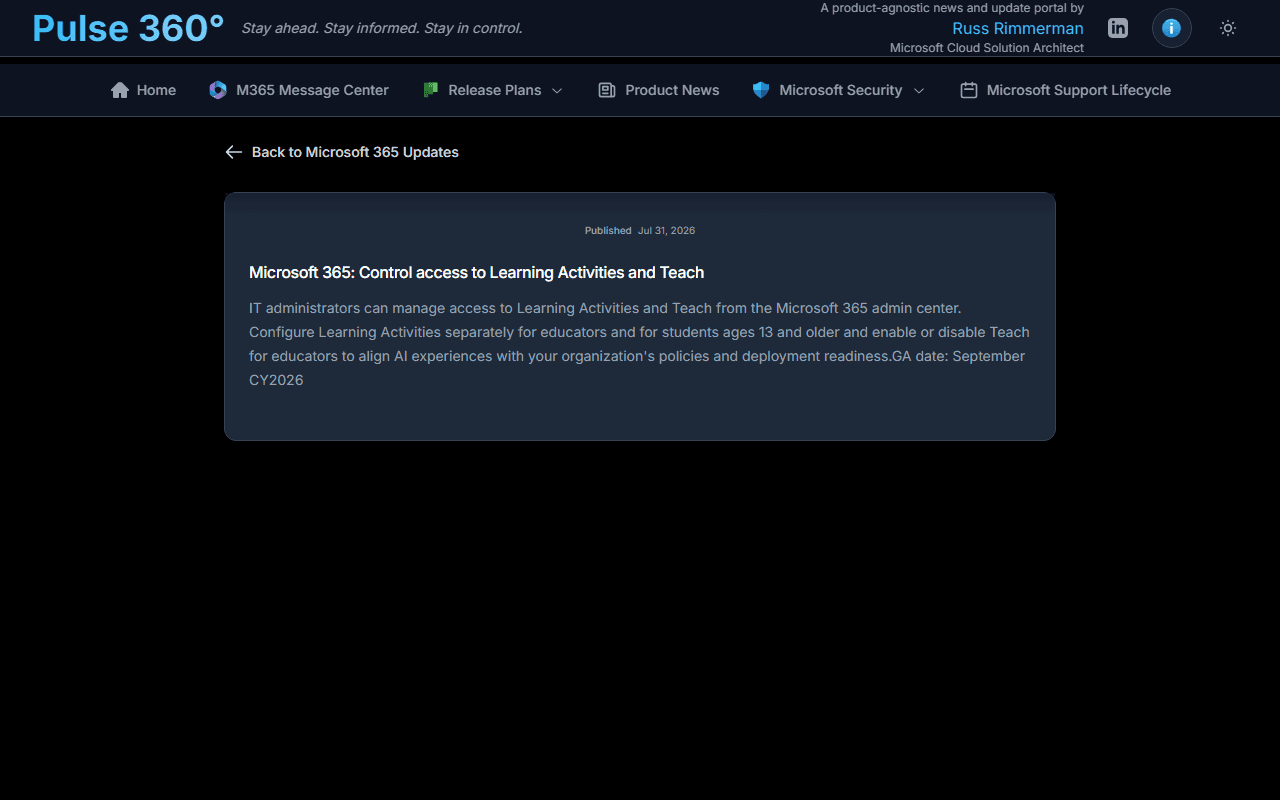 A Microsoft 365 update detail page showing affected services, publish date, and full description
