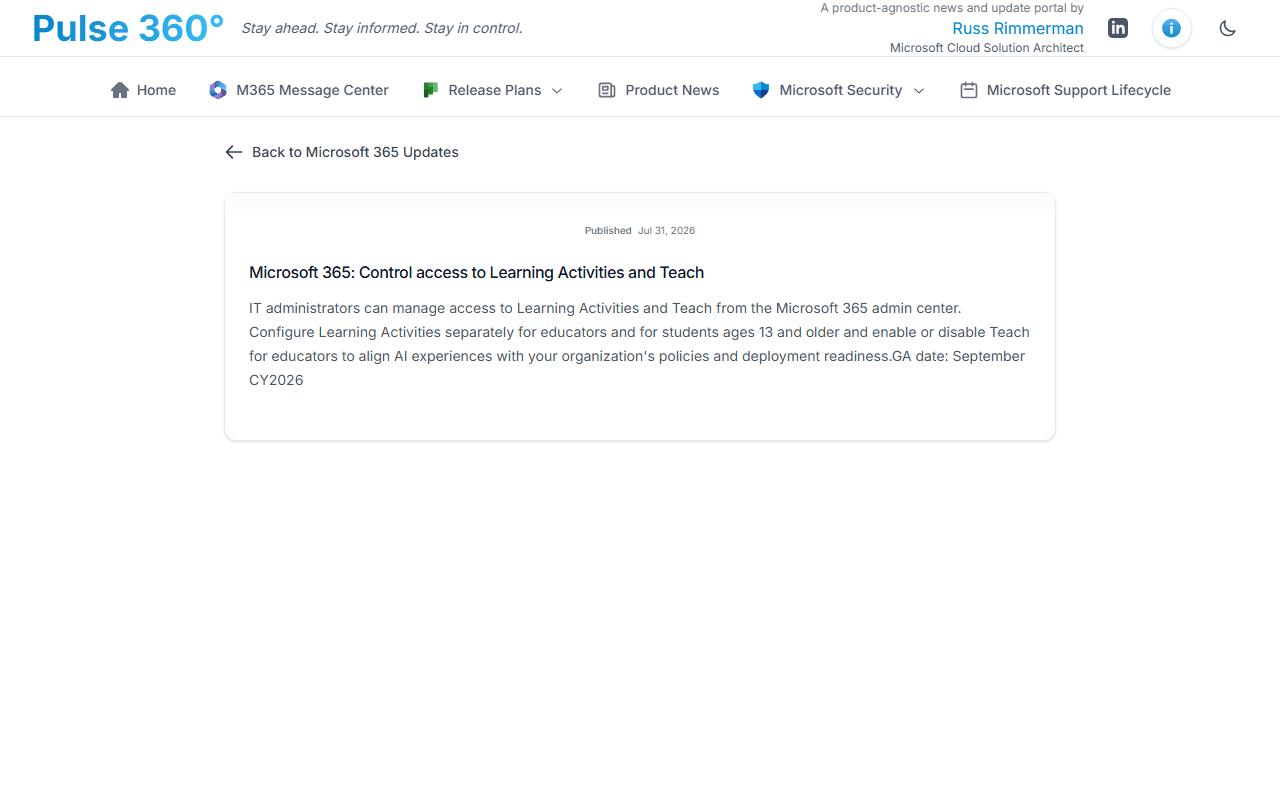 A Microsoft 365 update detail page showing affected services, publish date, and full description