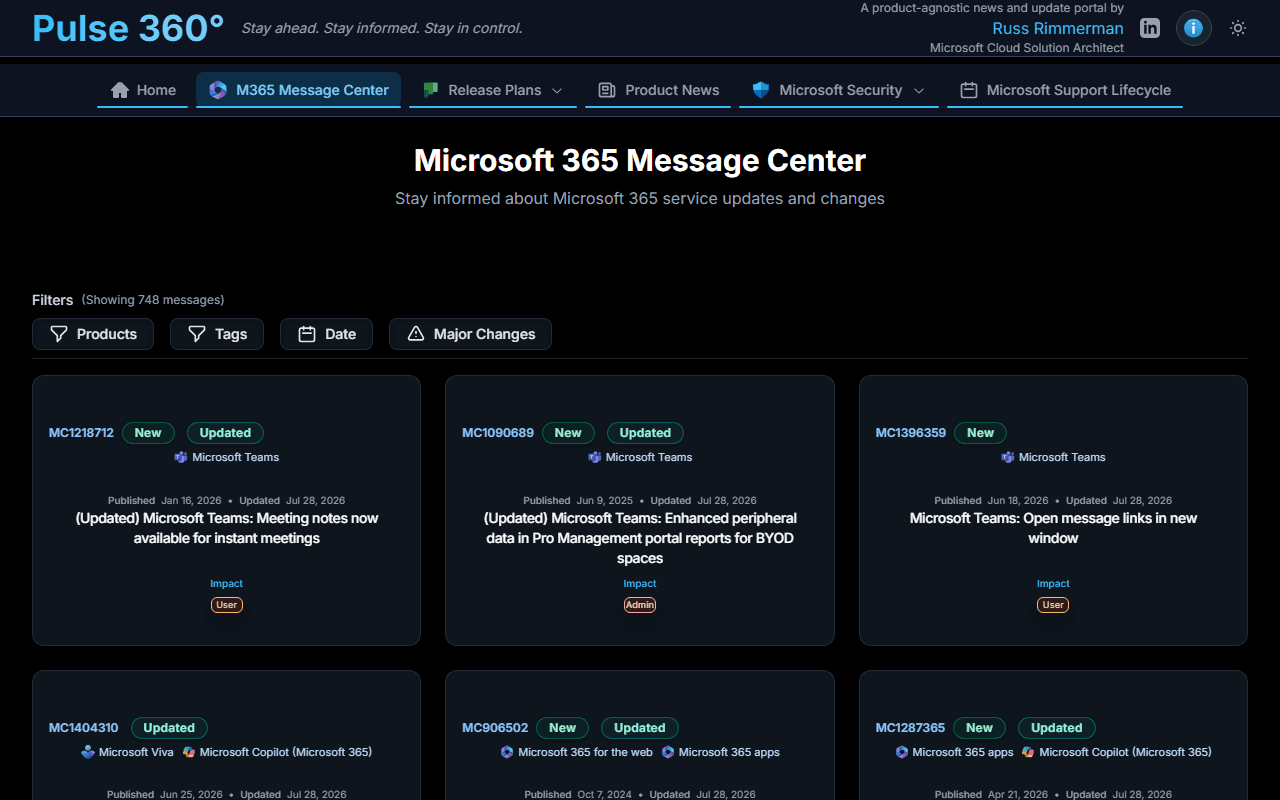 Microsoft 365 Message Center list with product, tag, date, and major-change filters