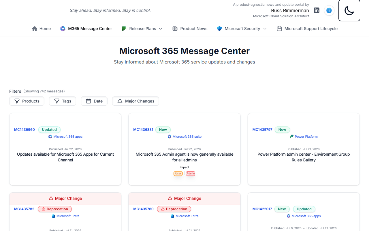 Microsoft 365 Message Center list with product, tag, date, and major-change filters