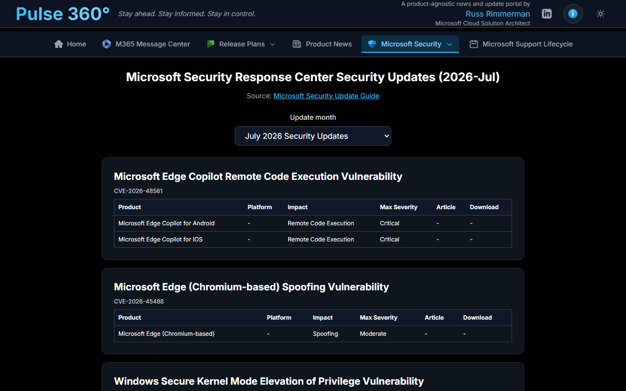 MSRC security updates for a selected month, listing CVEs with affected products and severity