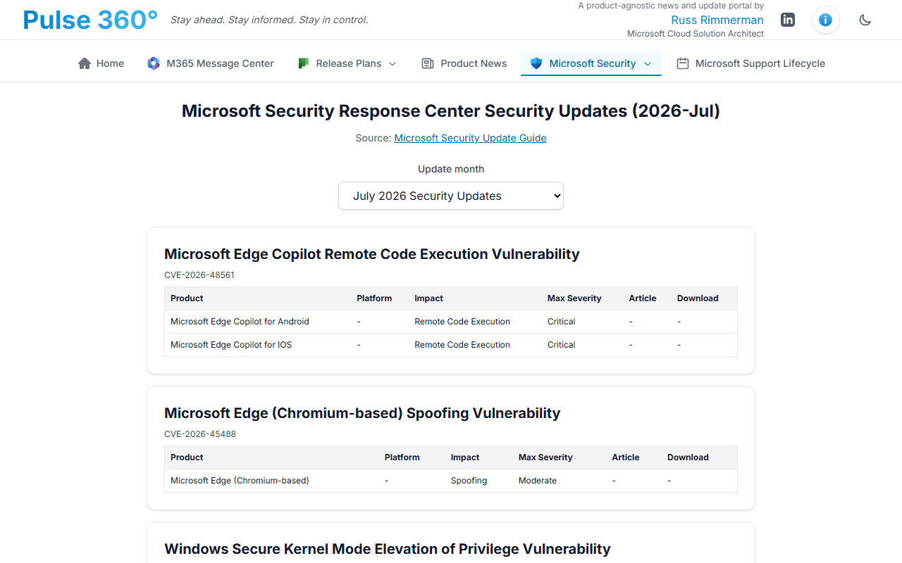 MSRC security updates for a selected month, listing CVEs with affected products and severity