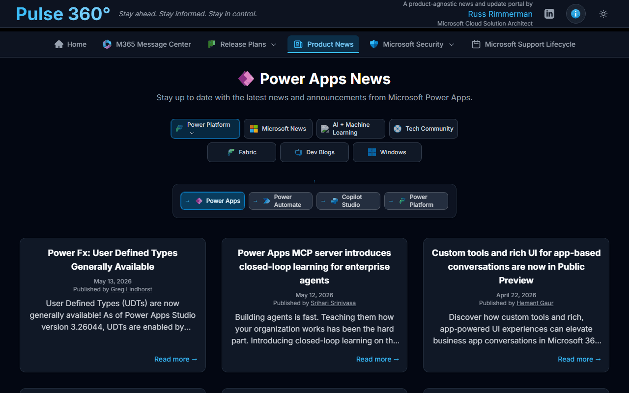 Product News hub showing feed selector tabs and the latest blog posts