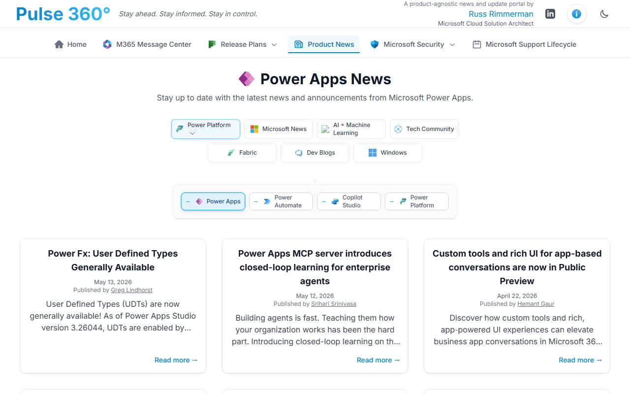 Product News hub showing feed selector tabs and the latest blog posts