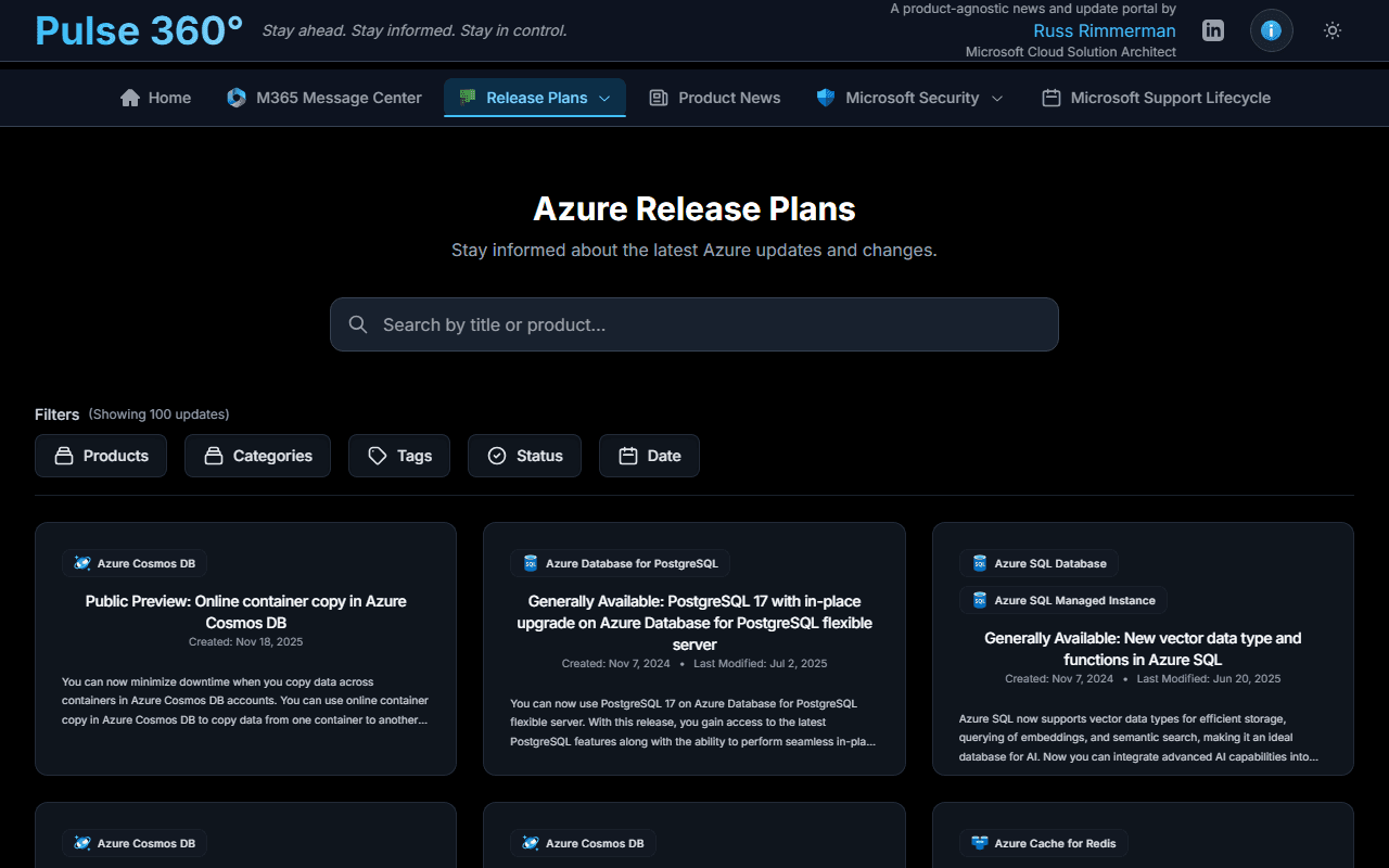 Azure release plans with product, category, tag, status, and date filters