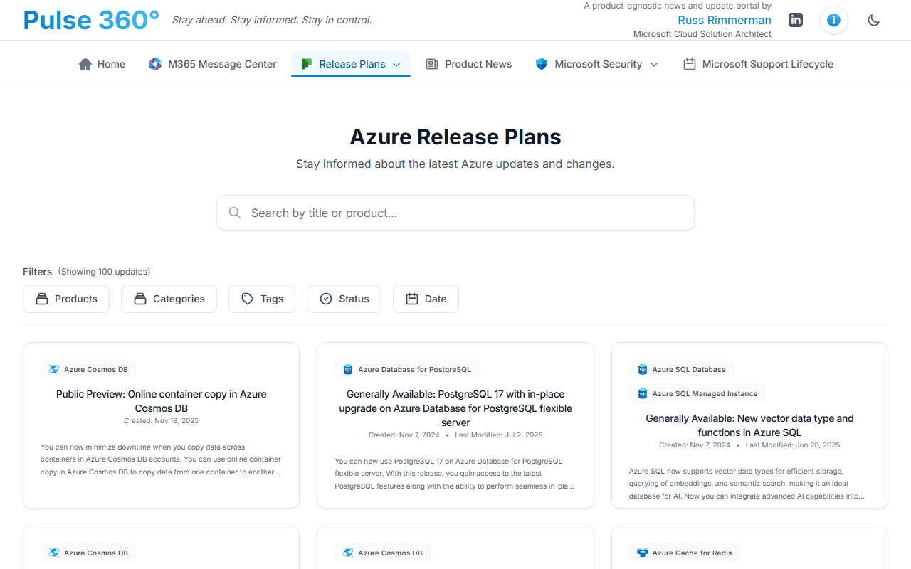 Azure release plans with product, category, tag, status, and date filters