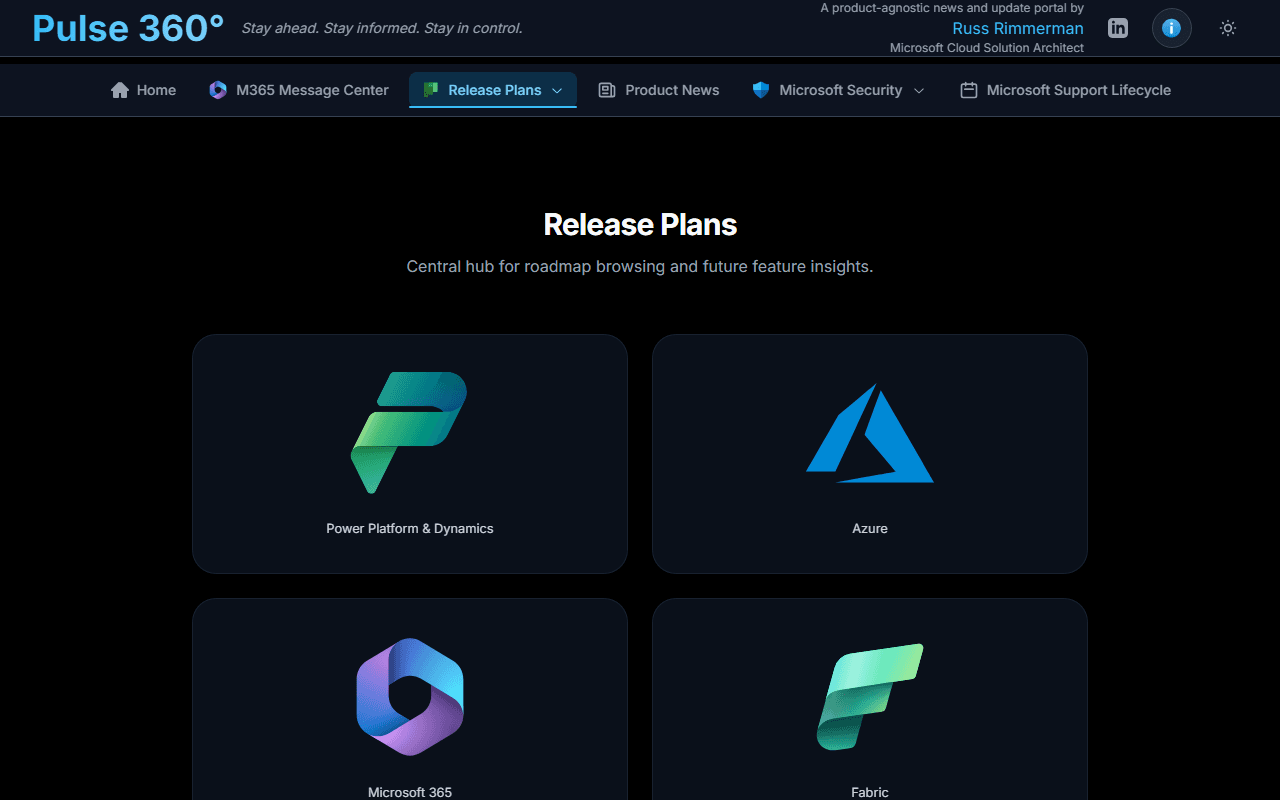 Release Plans hub with tiles for Power Platform & Dynamics, Azure, Microsoft 365, and Fabric