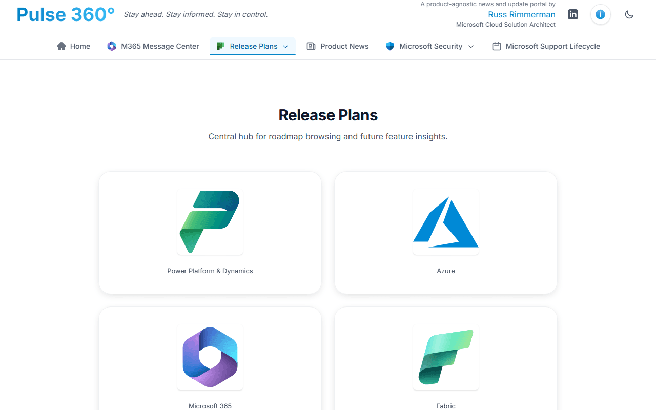 Release Plans hub with tiles for Power Platform & Dynamics, Azure, Microsoft 365, and Fabric