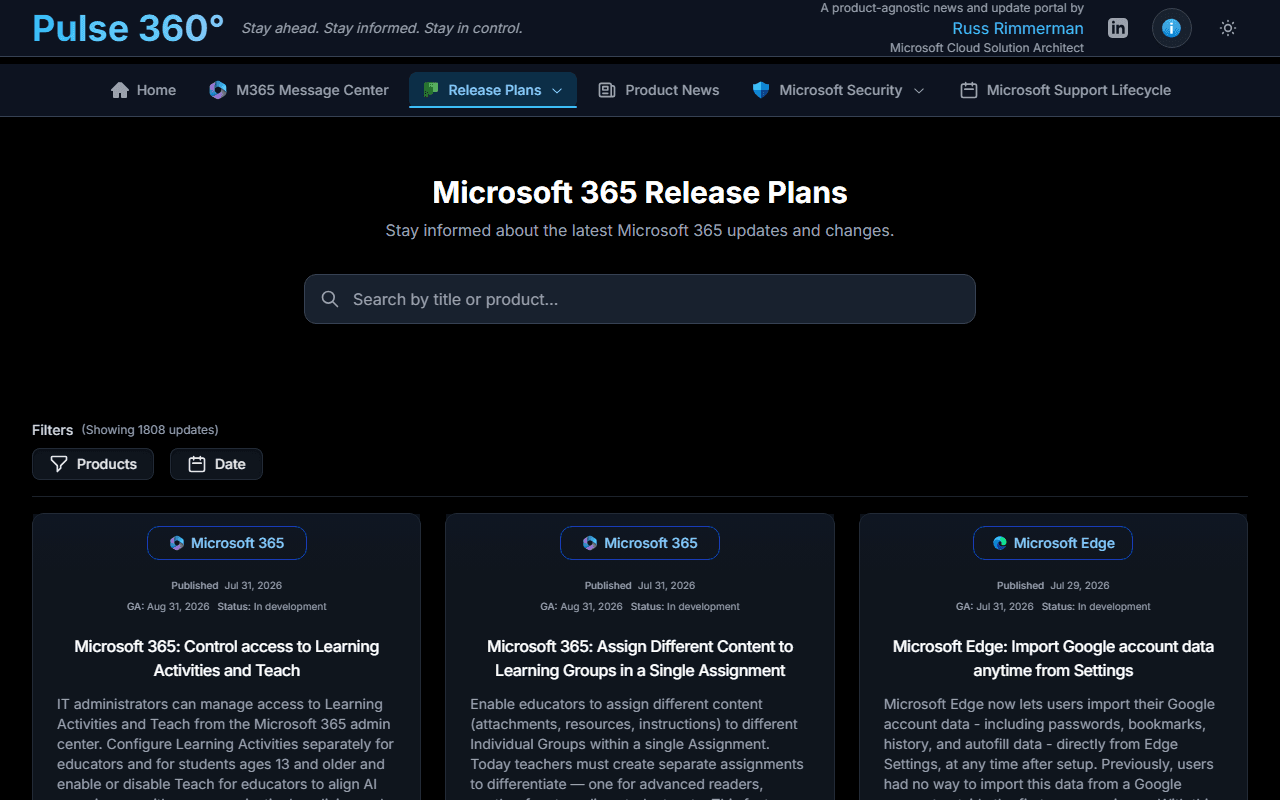 Microsoft 365 release plans list with search and product filters
