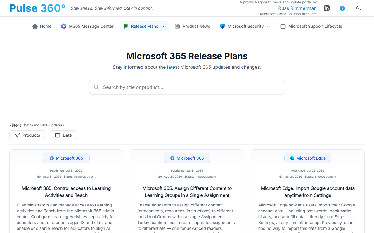 Microsoft 365 release plans list with search and product filters
